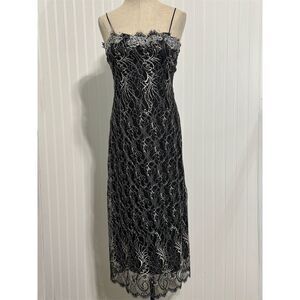 Poleci 4 Black Metallic Lace Midi Dress Spaghetti Strap Beaded Y2K Prom Made USA